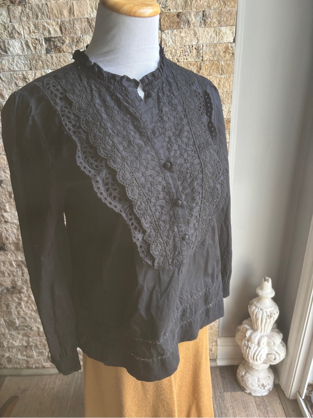 J. Crew Black Lace Yoke Long-Sleeve Blouse